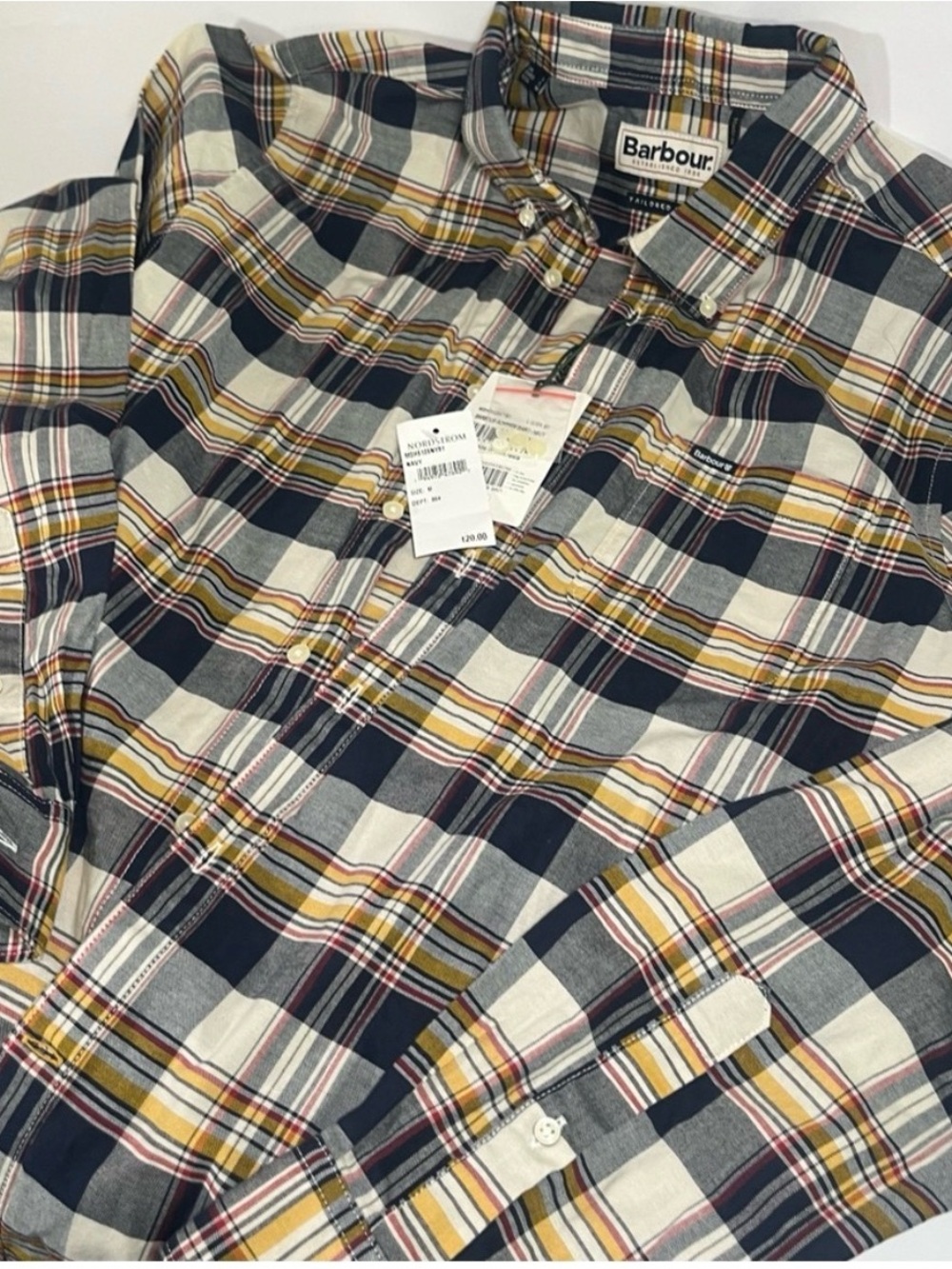 Barbour Navy, Cream & Mustard Plaid Button-Down Shirt